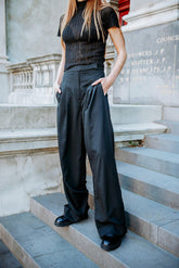 Casual Wide Leg Pants Roll Up Hem In Black-BESTSELLER - Fronts Australia
