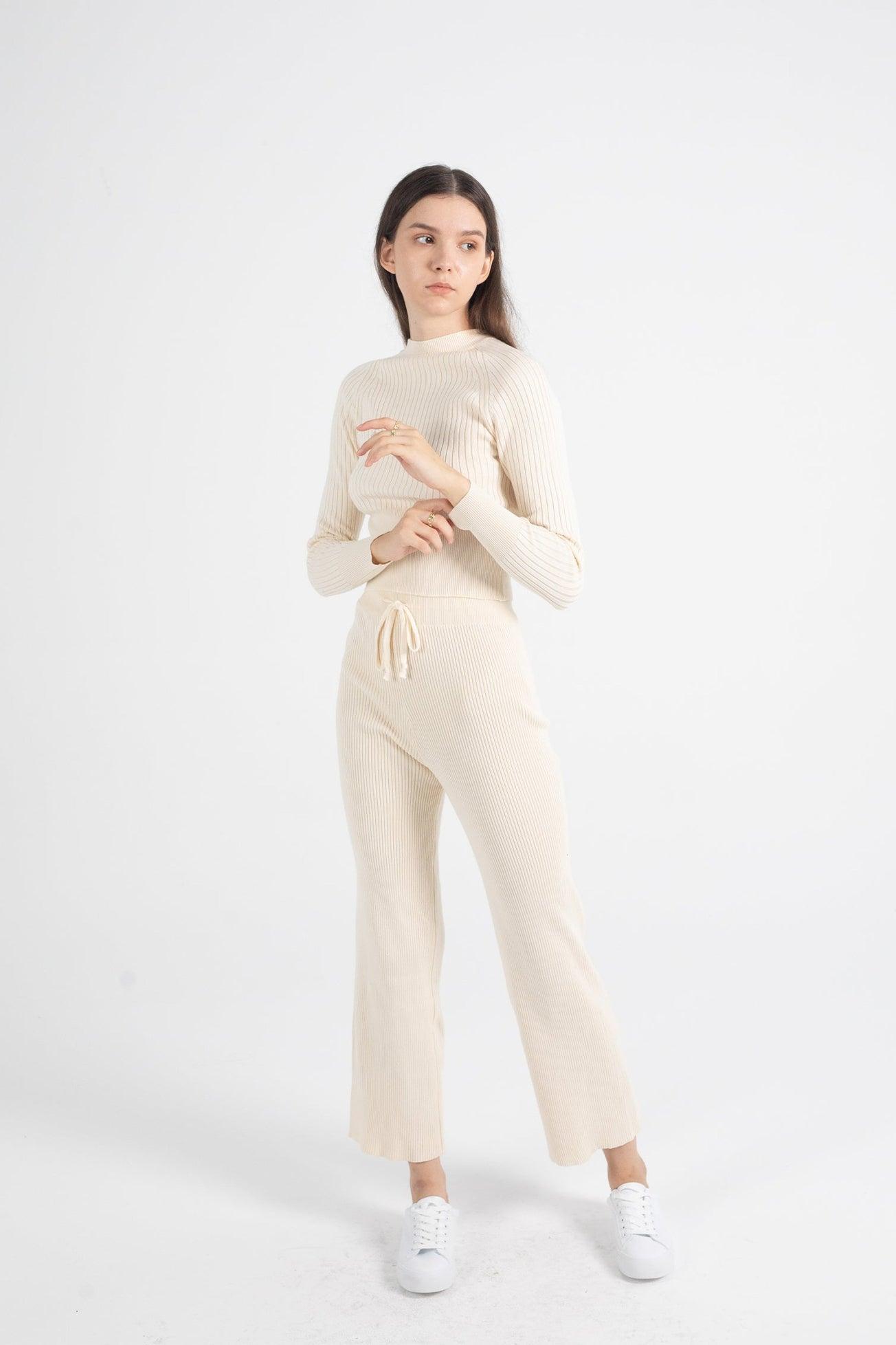 Ruby Rib Knit Bootcut Pants in Beige - Fronts Australia 