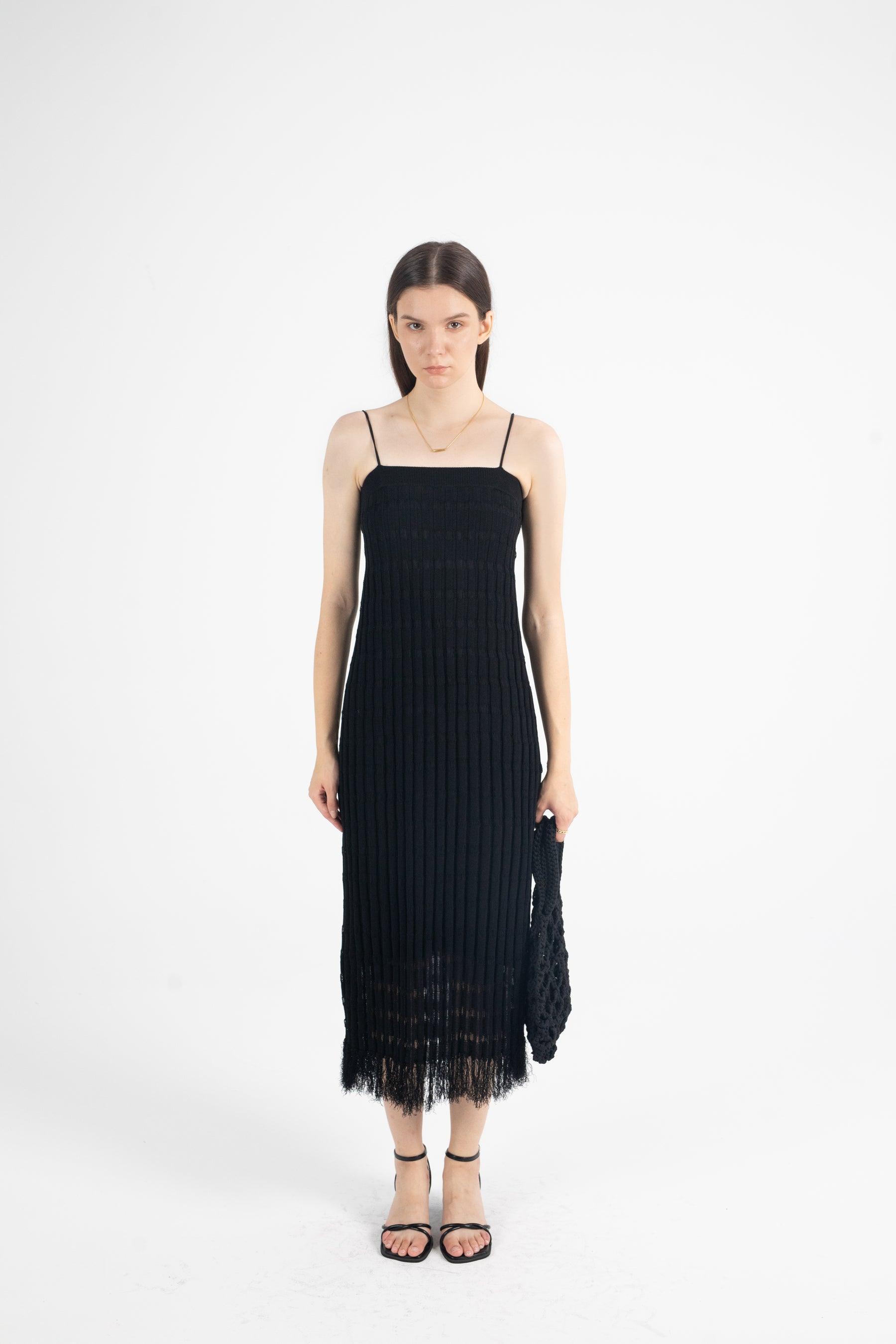 Stripe Ribbed Knit Tassel Slip Dress In Black - Fronts Australia 