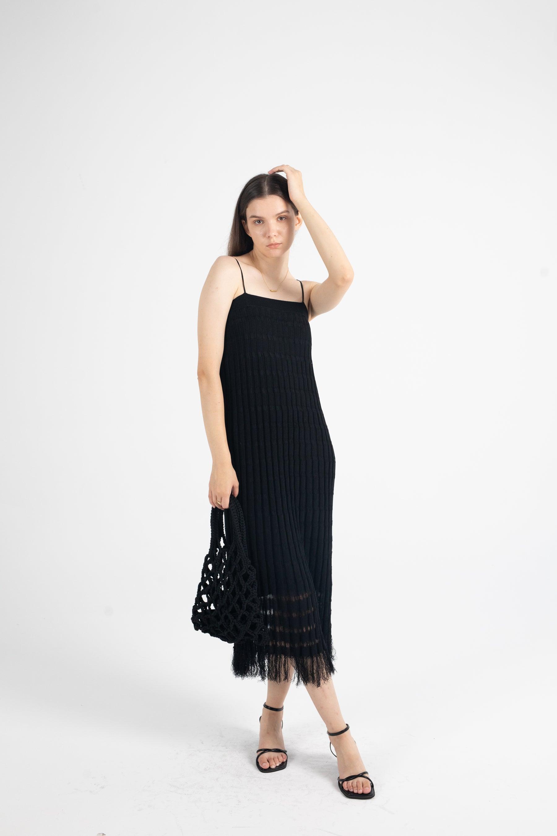 Stripe Ribbed Knit Tassel Slip Dress In Black - Fronts Australia 