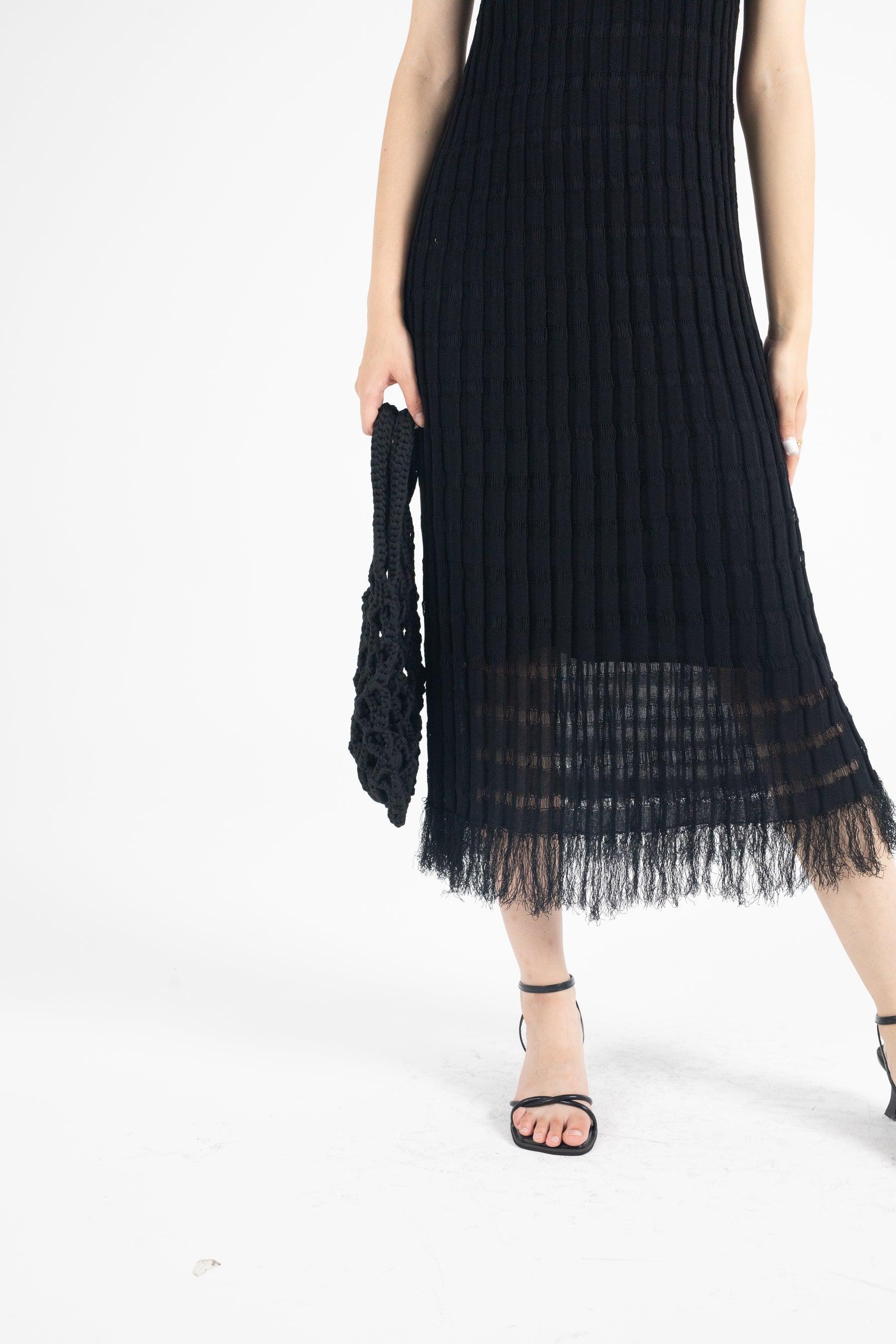 Stripe Ribbed Knit Tassel Slip Dress In Black - Fronts Australia 