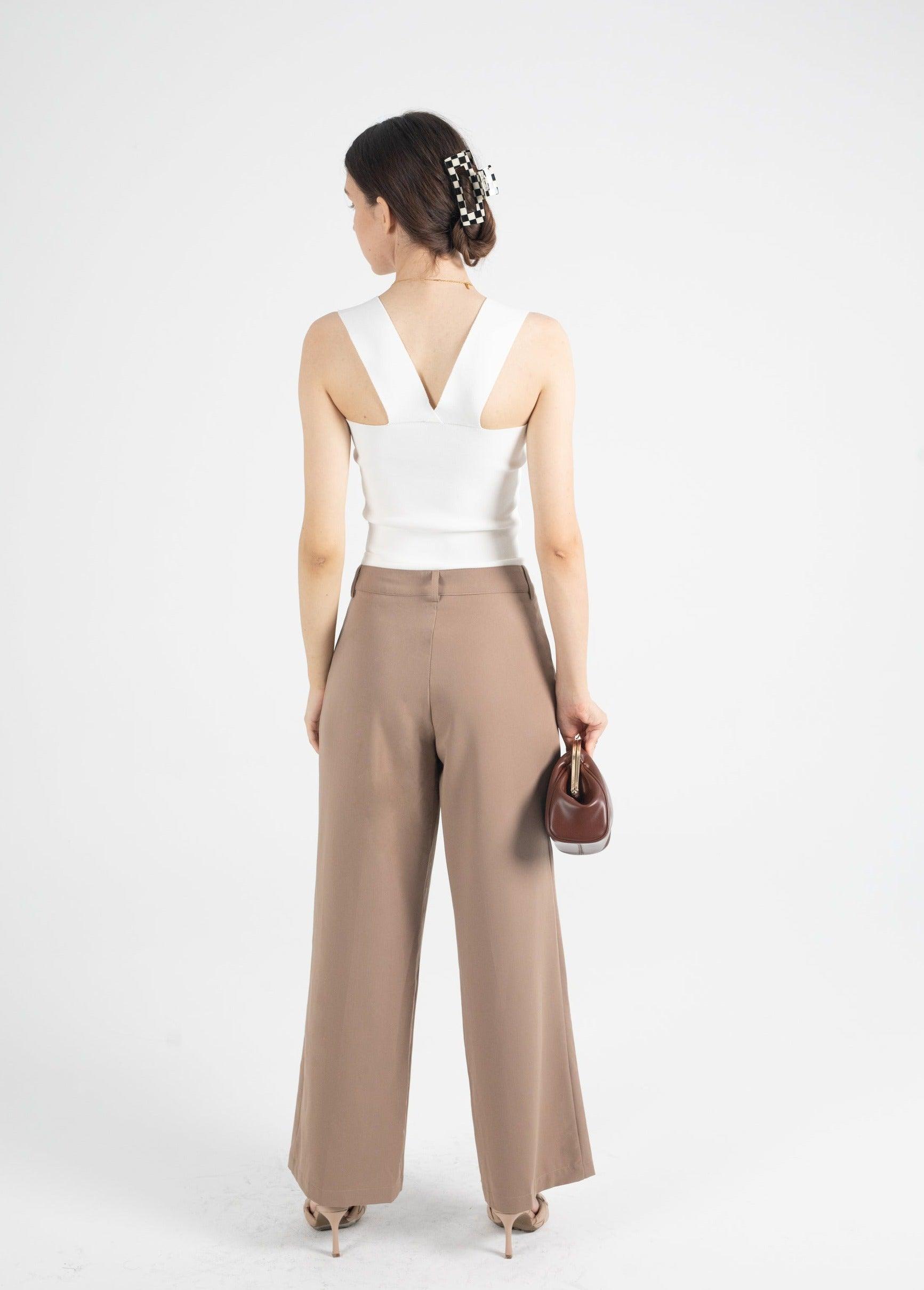 Contrast Color Waistband Trousers In Almond - Fronts Australia 