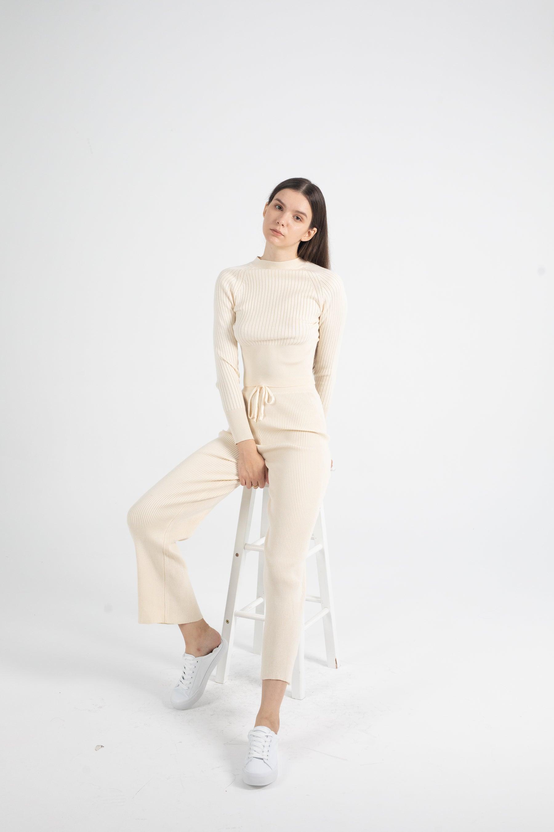 Ruby Rib Knit Bootcut Pants in Beige - Fronts Australia 