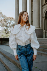 Peter Pan Collar Lantern Sleeve Shirt In White - Fronts Australia 