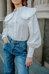 Peter Pan Collar Lantern Sleeve Shirt In White - Fronts Australia 