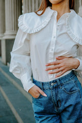 Peter Pan Collar Lantern Sleeve Shirt In White - Fronts Australia 