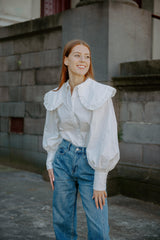 Peter Pan Collar Lantern Sleeve Shirt In White - Fronts Australia 