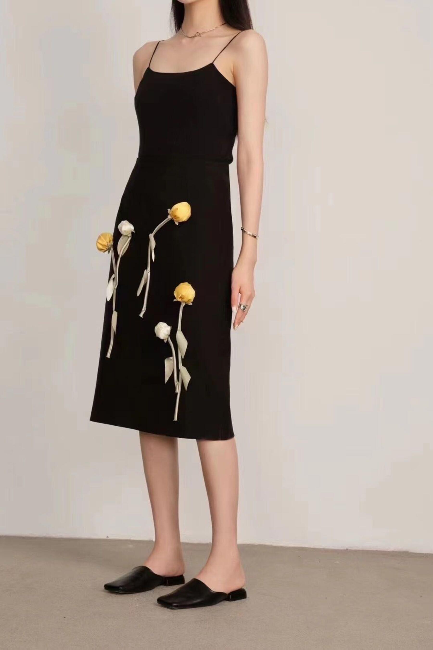 Bianca 3D Flower Midi Skirt In Black - Fronts Australia 