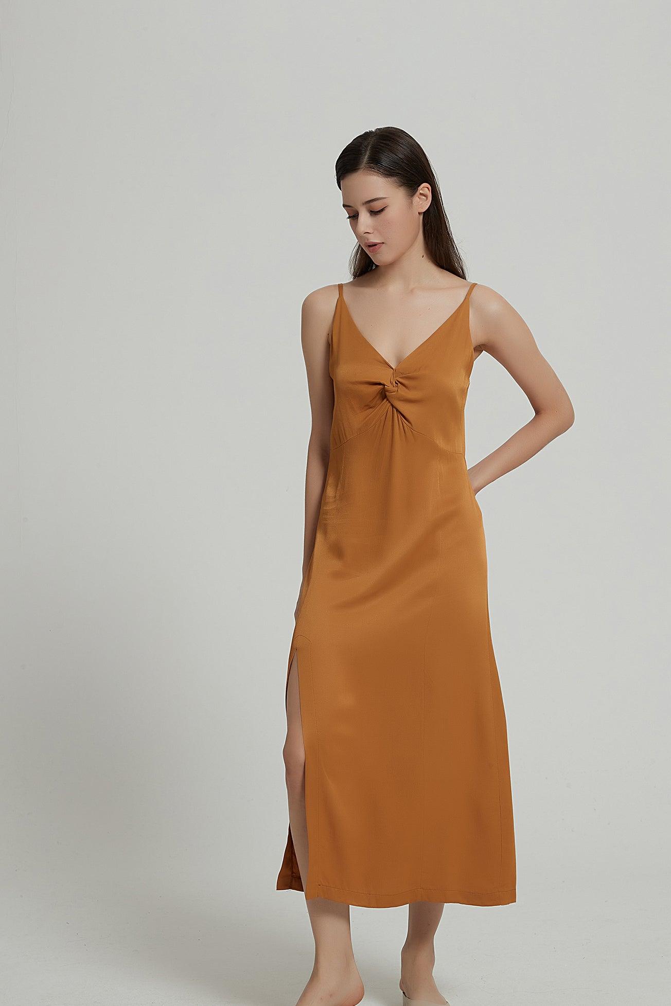 Katrina Twist Front Slip Dress in Caramel - Fronts Australia 