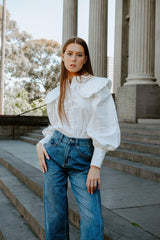 Peter Pan Collar Lantern Sleeve Shirt In White - Fronts Australia 