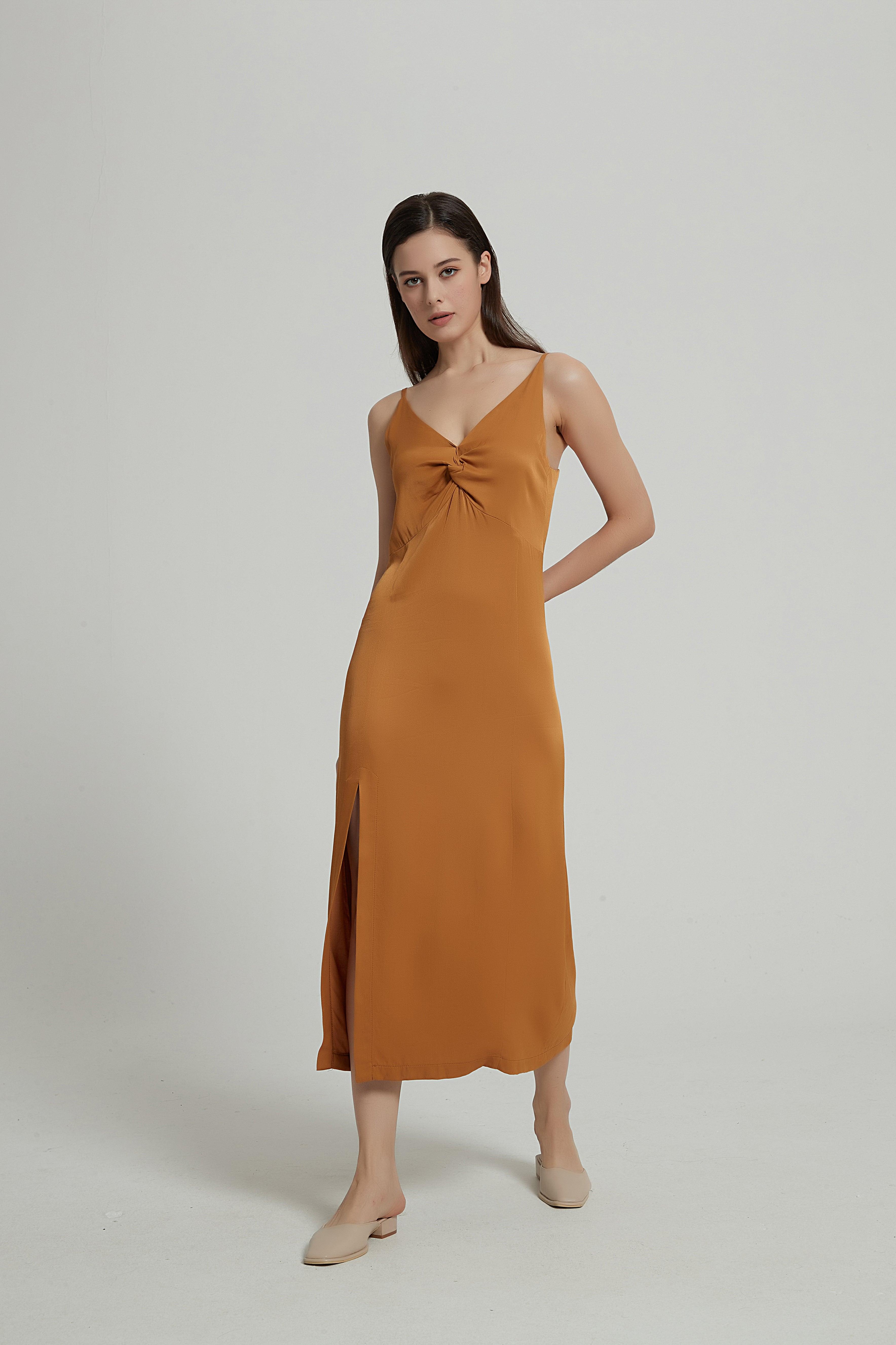 Katrina Twist Front Slip Dress in Caramel - Fronts Australia 